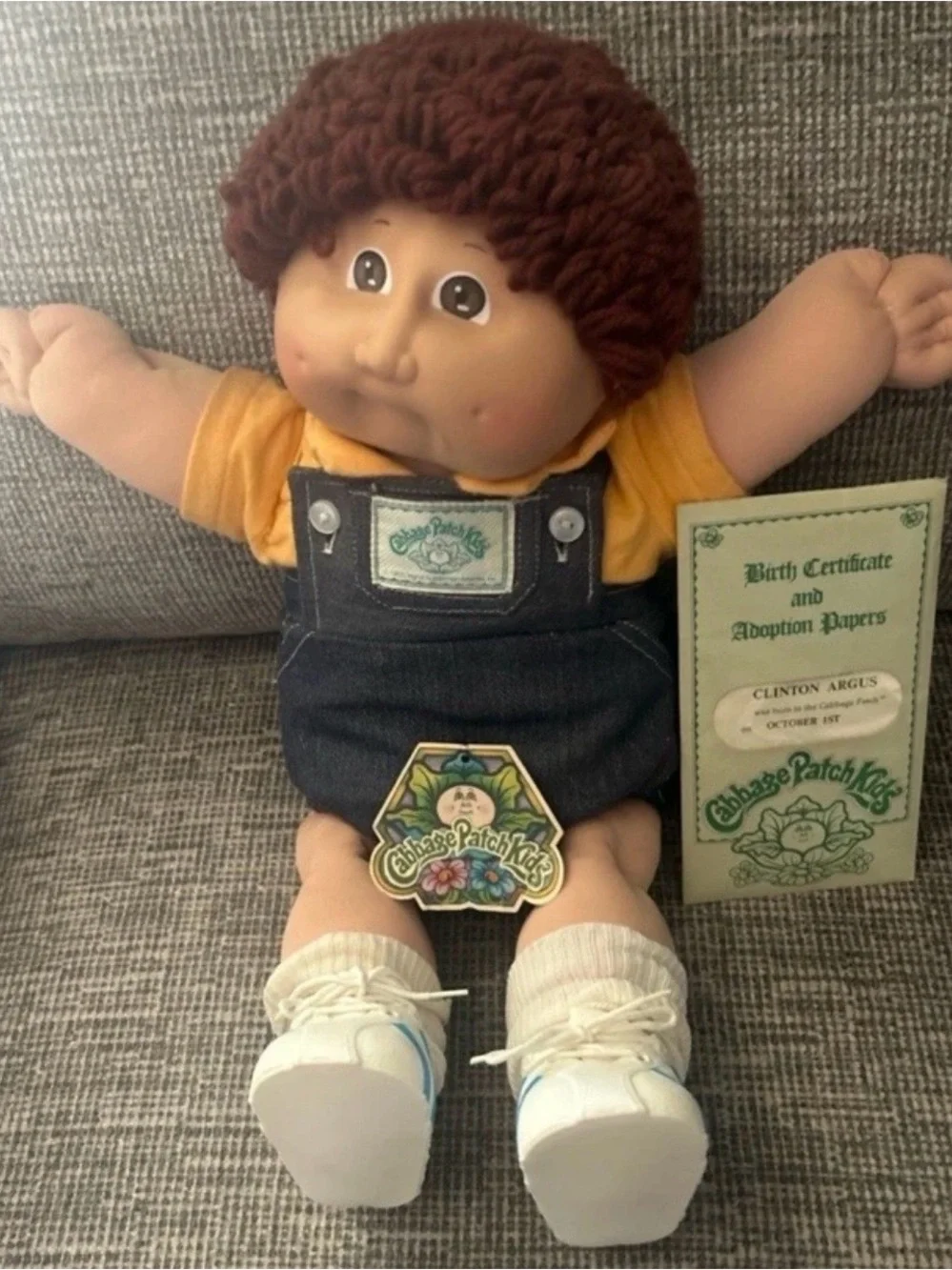 Cabbage Patch Kids Boy Doll Brown Curly Hair Overalls Shoes